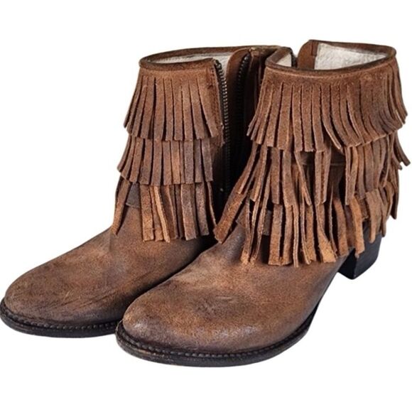 Freebird- Belle Brown Leather Fringe Ankle Boots Rear Zip Booties Bootie, Size 7 - Picture 1 of 12